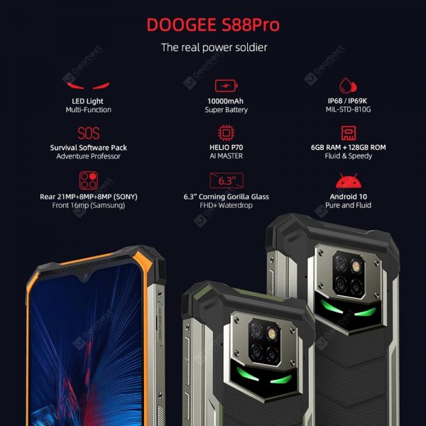 IP68 IP69K DOOGEE S88 Pro Rugged Mobile Phone 10000mAh Telephones Helio P70 Octa Core 6GB RAM 128GB ROM Smartphone Android 10 OS