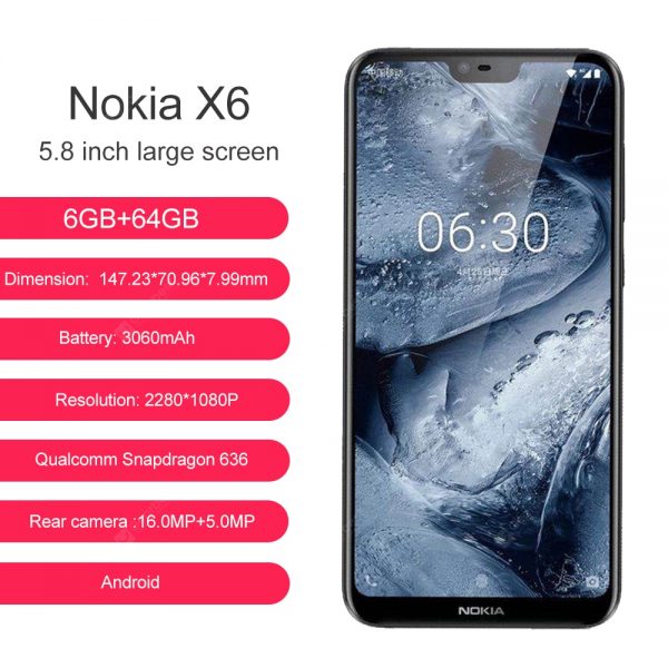 Nokia 6.1 Plus Original Nokia X6 Octa-core 5.8 Inches 4GB RAM 64GB ROM LTE 16MP 2160P Fingerprint Smartphone Unlocked Cellphone