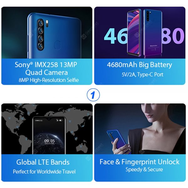 Blackview A80 Pro 6.49 inch Smartphone 4GB 64GB Octa Core Android 9.0 4G LTE Mobile Phone Quad Rear Cameras Global Version 4680mAh