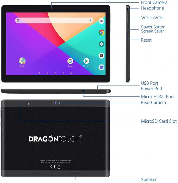 Dragon Touch 10 inch Android 8.1 Cheap Tablet K10 with 2GB RAM 16 GB Quad Core HD Display Tablet PC WiFi Touch Tablet for Kids