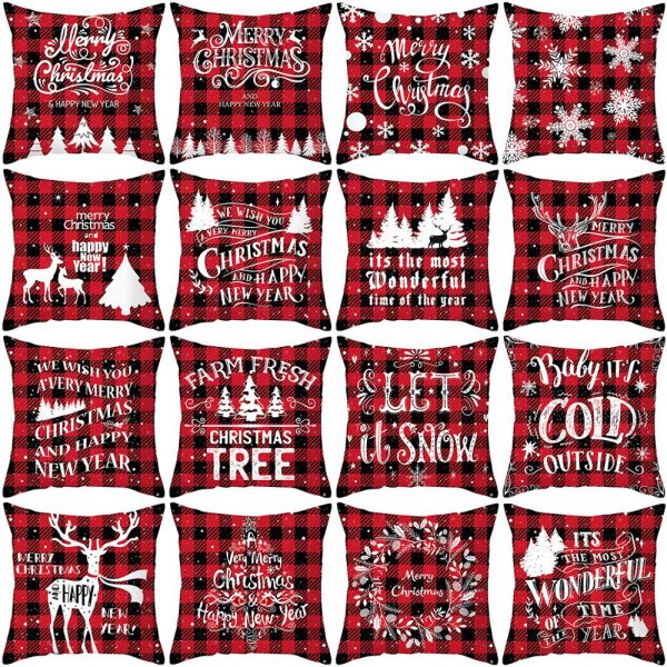 Christmas Cartoon Santa Claus Elk Cushion Cover Red Plaid Throw Pillow Christmas Ornaments Natale 2020 Xmas Gifts Sofa Cushions