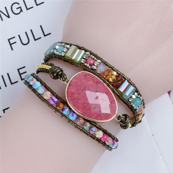 Leather Wrap Bracelet Exclusive 3 Strands Natural Stone Multi Color Bohemian Beads Crystal Weaving bracelet wrap Bracelet Gifts