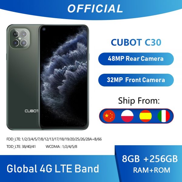 Cubot C30 48MP Quad AI Camera 8GB+256GB 32MP Selfie Smartphone Global 4G LTE Helio P60 NFC 6.4 Inch FHD+ 4200mAh Android 10