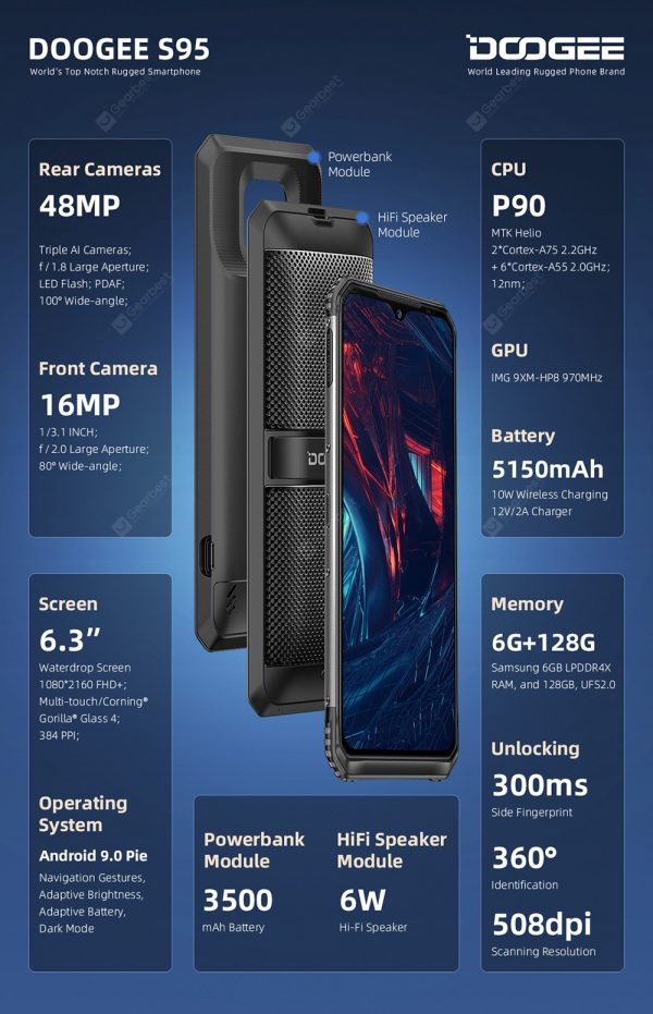 IP68 IP69K DOOGEE S95 Modular Rugged Mobile Phone 6.3inch Display 5150mAh Helio P90 Octa Core