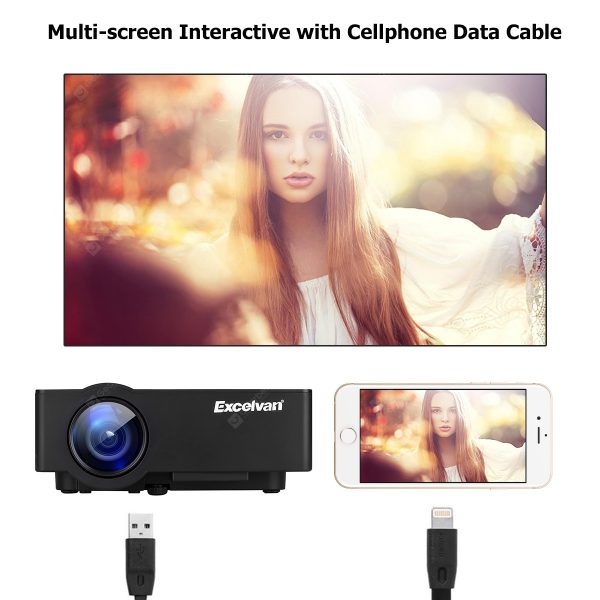 Excelvan E08 LCD Projector Home Cinema Native Resolution 800 × 480 Support 1080P HDMI SD USB VGA Interface Multi-screen Interaction Via iPhone Data Cable Compatible with Amazon Fire TV Stick & PS4 EU