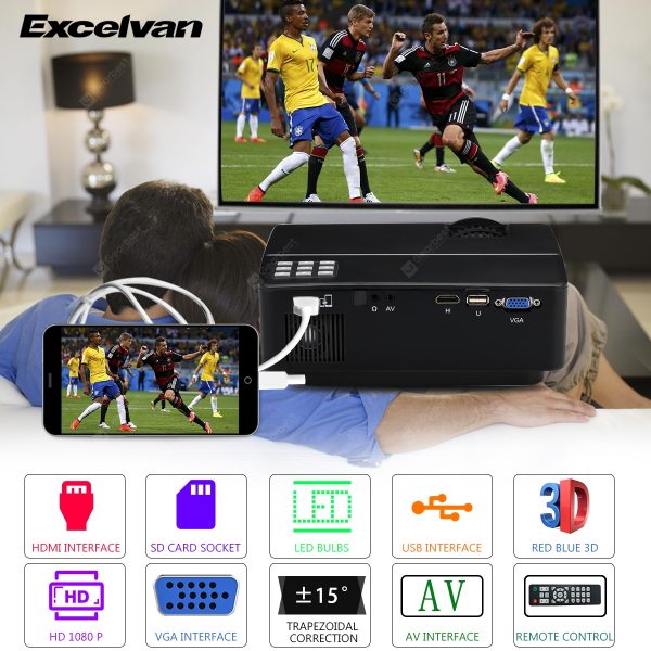 Excelvan E08 LCD Projector Home Cinema Native Resolution 800 × 480 Support 1080P HDMI SD USB VGA Interface Multi-screen Interaction Via iPhone Data Cable Compatible with Amazon Fire TV Stick & PS4 EU