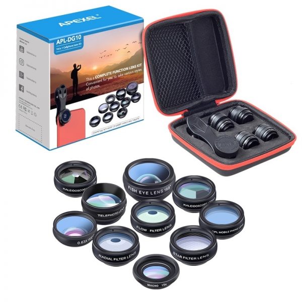 APEXEL 10 in 1 Mobile Phone Lens Kit Fisheye Wide Angle Telescope Macro Camera Lenses For iPhone Samsung Huawei all smartphones