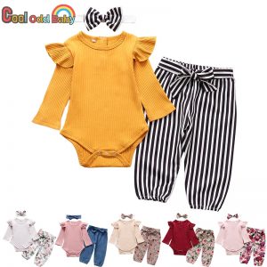 3Pcs Newborn Baby Girl Clothes Set Fashion Autumn Long Sleeve Solid Color Romper Tops Pants Headband Infant Clothing Outfits