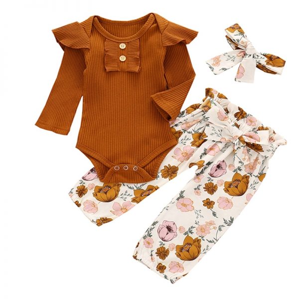 3Pcs Newborn Baby Girl Clothes Set Fashion Autumn Long Sleeve Solid Color Romper Tops Pants Headband Infant Clothing Outfits