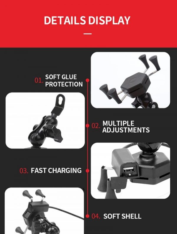 Phone Holder Universal Motorcycle Motorbike Mobile Phone Holder Mount X Grip Clamp USB Charge adjustable 360 degrees rotatable