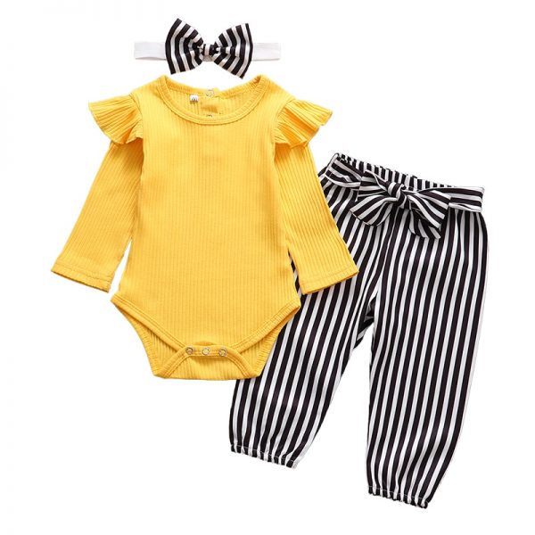 3Pcs Newborn Baby Girl Clothes Set Fashion Autumn Long Sleeve Solid Color Romper Tops Pants Headband Infant Clothing Outfits