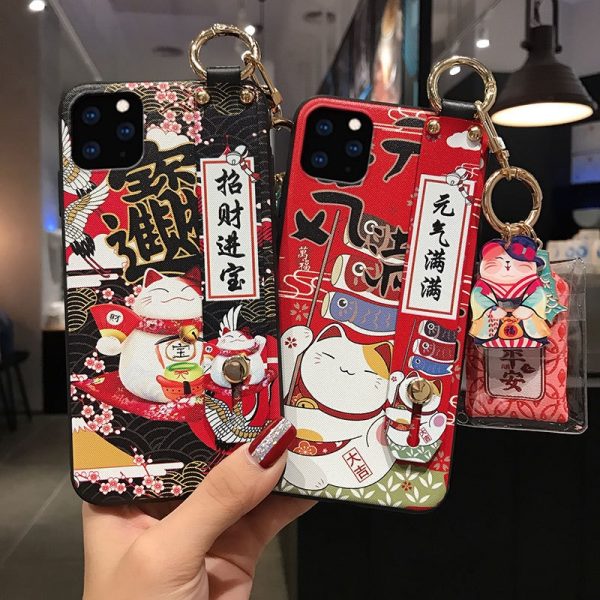 Lucky Cat Wristband Bracket Shell for iPhone 11 Pro Max XS MAX XR Ornament Soft Back Cover for iPhone X 8 7 6 6S Plus