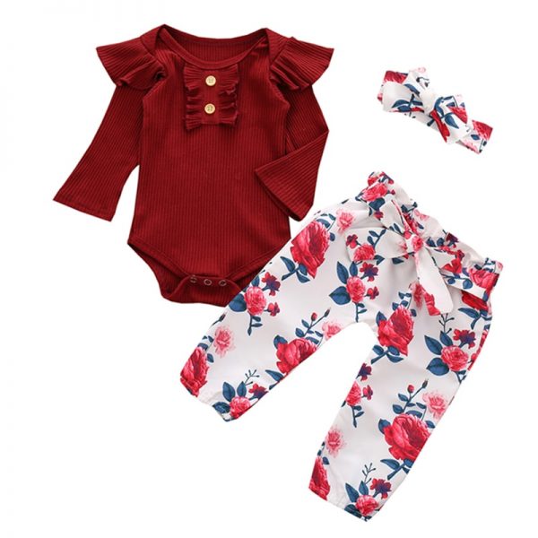 3Pcs Newborn Baby Girl Clothes Set Fashion Autumn Long Sleeve Solid Color Romper Tops Pants Headband Infant Clothing Outfits