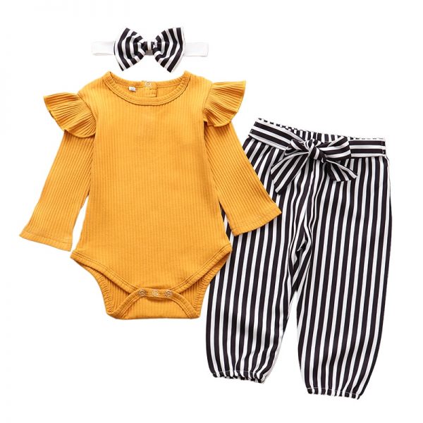 3Pcs Newborn Baby Girl Clothes Set Fashion Autumn Long Sleeve Solid Color Romper Tops Pants Headband Infant Clothing Outfits