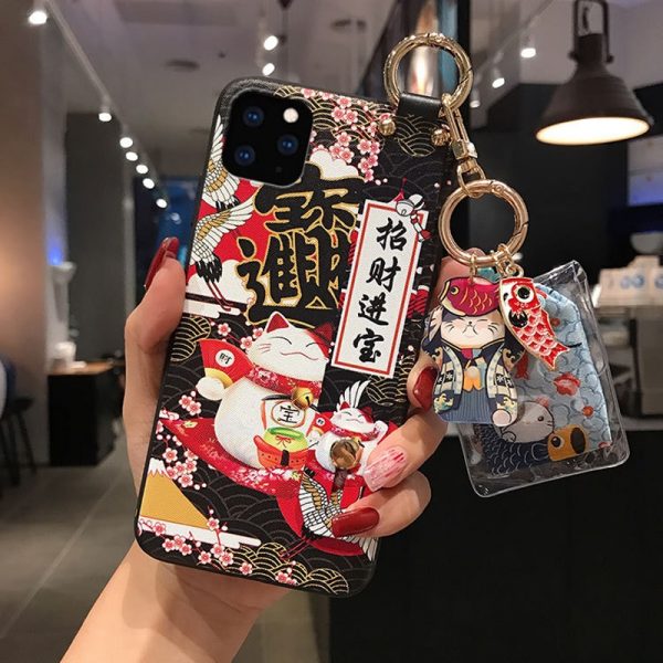 Lucky Cat Wristband Bracket Shell for iPhone 11 Pro Max XS MAX XR Ornament Soft Back Cover for iPhone X 8 7 6 6S Plus