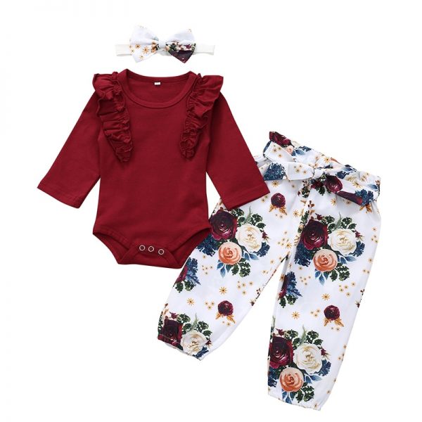 3Pcs Newborn Baby Girl Clothes Set Fashion Autumn Long Sleeve Solid Color Romper Tops Pants Headband Infant Clothing Outfits