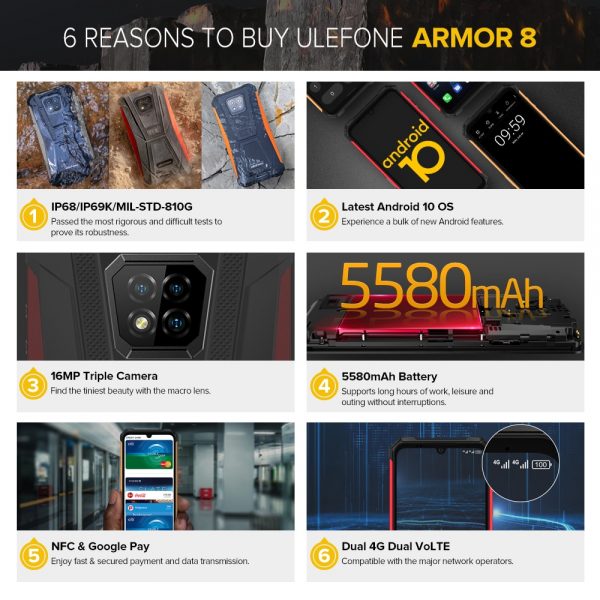 Ulefone Armor 8 IP68 IP69K Waterproof 6.1" 4GB 64GB 16MP Triple Rear Camera NFC 5580mAh Helio P60 Octa Core Rugged Smartphone