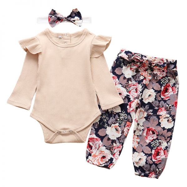 3Pcs Newborn Baby Girl Clothes Set Fashion Autumn Long Sleeve Solid Color Romper Tops Pants Headband Infant Clothing Outfits