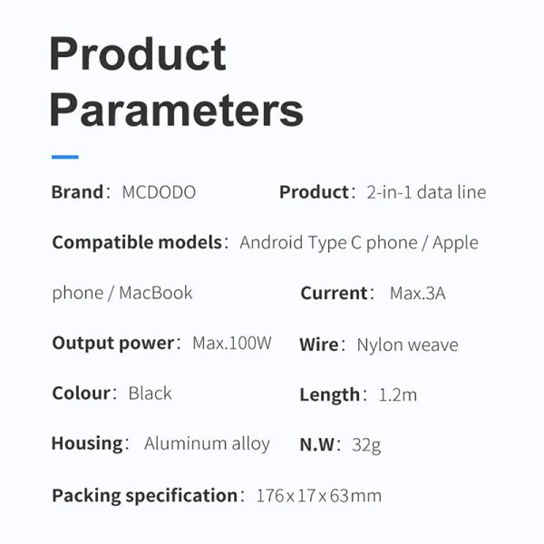 Mcdodo 100W USB Type C Cable PD Fast Charge for IPhone 11 12 Pro Xs Max X IPad Macbook Samsung Huawei 2 In 1 Charger Data Cord
