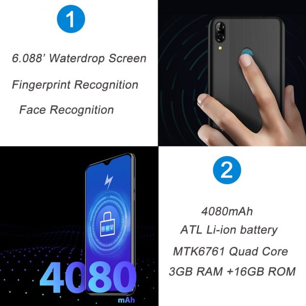 Blackview A60 Pro Smartphone MTK6761 Quad Core Android 9.0 4080mAh Cellphone 3GB+16GB Waterdrop Screen Face ID 4G Mobile Phone