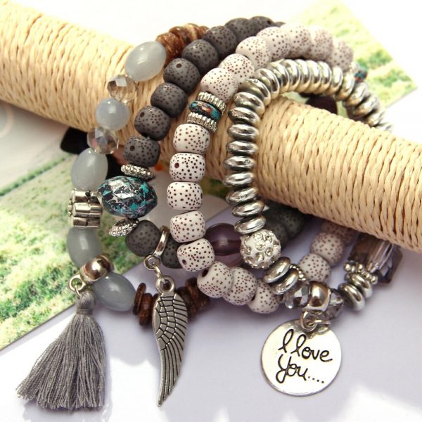 RINHOO Natural Stone Beads Bracelets For Women I LOVE YOU Wing Tassel Charm Bracelets & Bangles Set Boho Vintage Jewelry