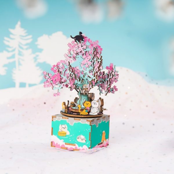 Robotime 148pcs Rotatable DIY 3D Cherry Tree Cat Wooden Puzzle Game Assembly Music Box Toy Gift for Children Kids Adult AM409