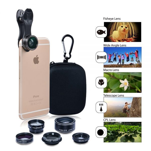 Apexel 5 in 1 HD Camera Lens Kit Fisheye Lens+0.63x Wide Angle+15x Macro Lens+2X Telephoto Lens+CPL Lens for iPhone Samsung DG5