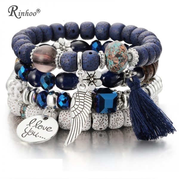 RINHOO Natural Stone Beads Bracelets For Women I LOVE YOU Wing Tassel Charm Bracelets & Bangles Set Boho Vintage Jewelry