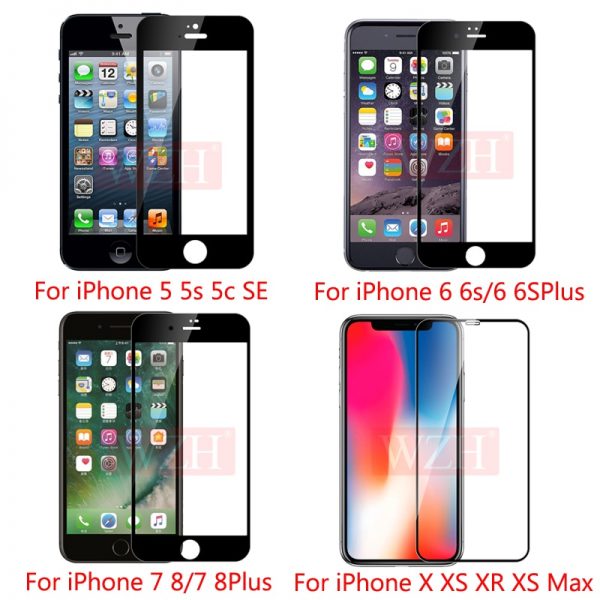 5Pcs/Lot Full Cover Tempered Glass For iPhone XS Max XR Screen Protector Glass On iPhone 6 6s 7 8 Plus X 5 5S 11 12 Pro Max Mini