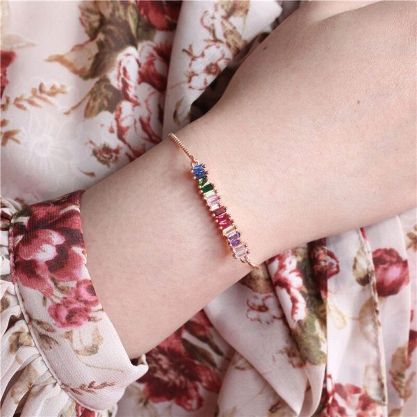 Poshfeel Colorful Cubic Zirconia Rainbow Bracelet for Women Gold Bracelets & Bangles Crystal Charm Jewelry Gift MBR190052