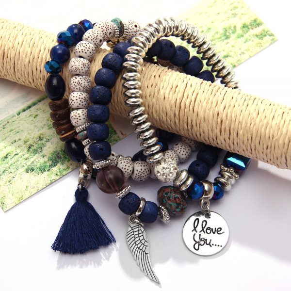 RINHOO Natural Stone Beads Bracelets For Women I LOVE YOU Wing Tassel Charm Bracelets & Bangles Set Boho Vintage Jewelry