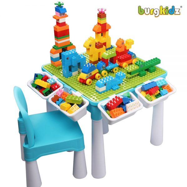 Kids Activity Table With 128 PCS Big Building Blocks Compatible Dupoled Educational Children Table Large Block Toys For Girl Boy