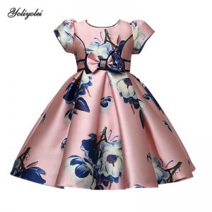 Yoliyolei Dress Girls Birthday Flower Print Dresses Children Clothing Casual Princess Evening Party Clothes With Bow Waistband