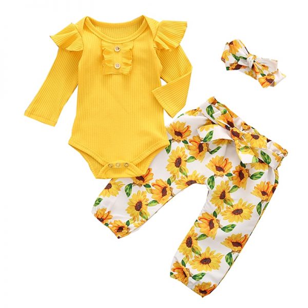 3Pcs Newborn Baby Girl Clothes Set Fashion Autumn Long Sleeve Solid Color Romper Tops Pants Headband Infant Clothing Outfits