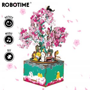 Robotime 148pcs Rotatable DIY 3D Cherry Tree Cat Wooden Puzzle Game Assembly Music Box Toy Gift for Children Kids Adult AM409