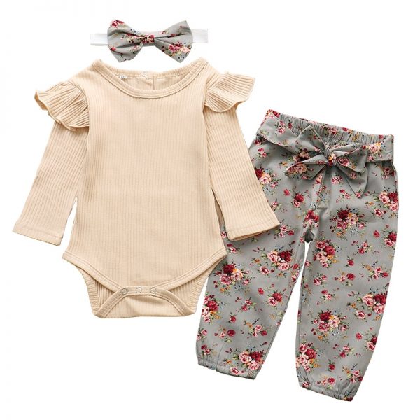 3Pcs Newborn Baby Girl Clothes Set Fashion Autumn Long Sleeve Solid Color Romper Tops Pants Headband Infant Clothing Outfits