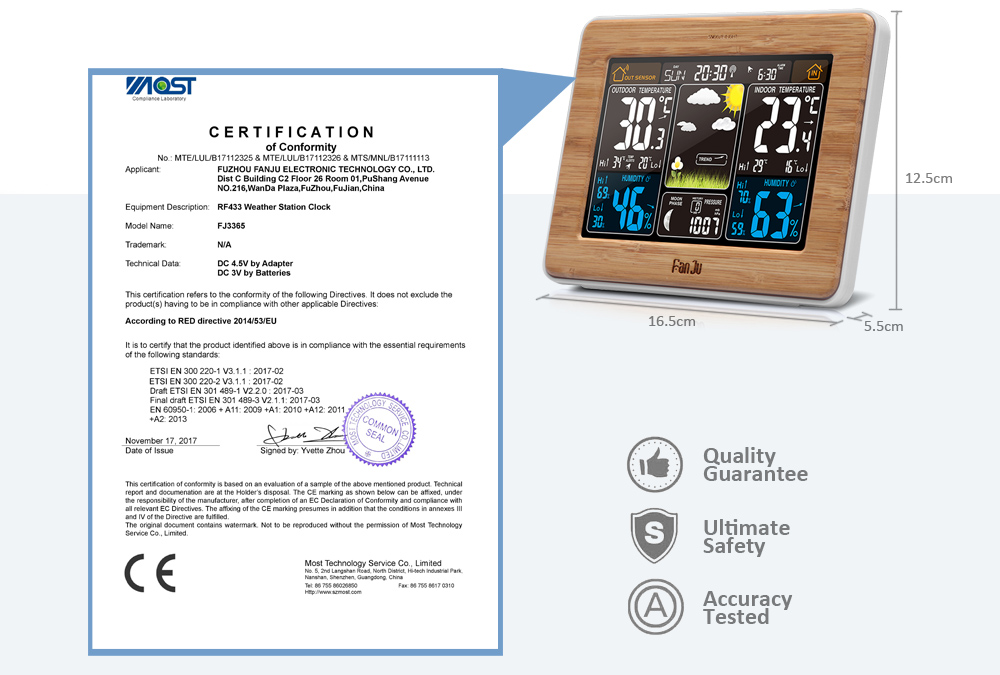 FanJu FJ3365 Weather Station Color Forecast with Alert Temperature Humidity Barometer Alarm Moon Phase