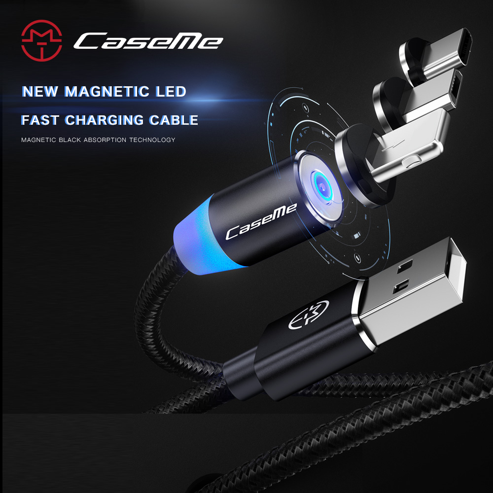 CaseMe Android Magnetic Charger Cable LED Phone Charging USB for Samsung Huawei - Black