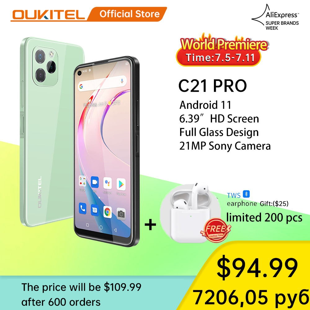 OUKITEL C21 Pro 4GB+64GB MT6762D Octa Core Smartphone 6.39'' HD Screen 21MP  Rear Camera 4000mAh 4G Android 11 Mobile Phone